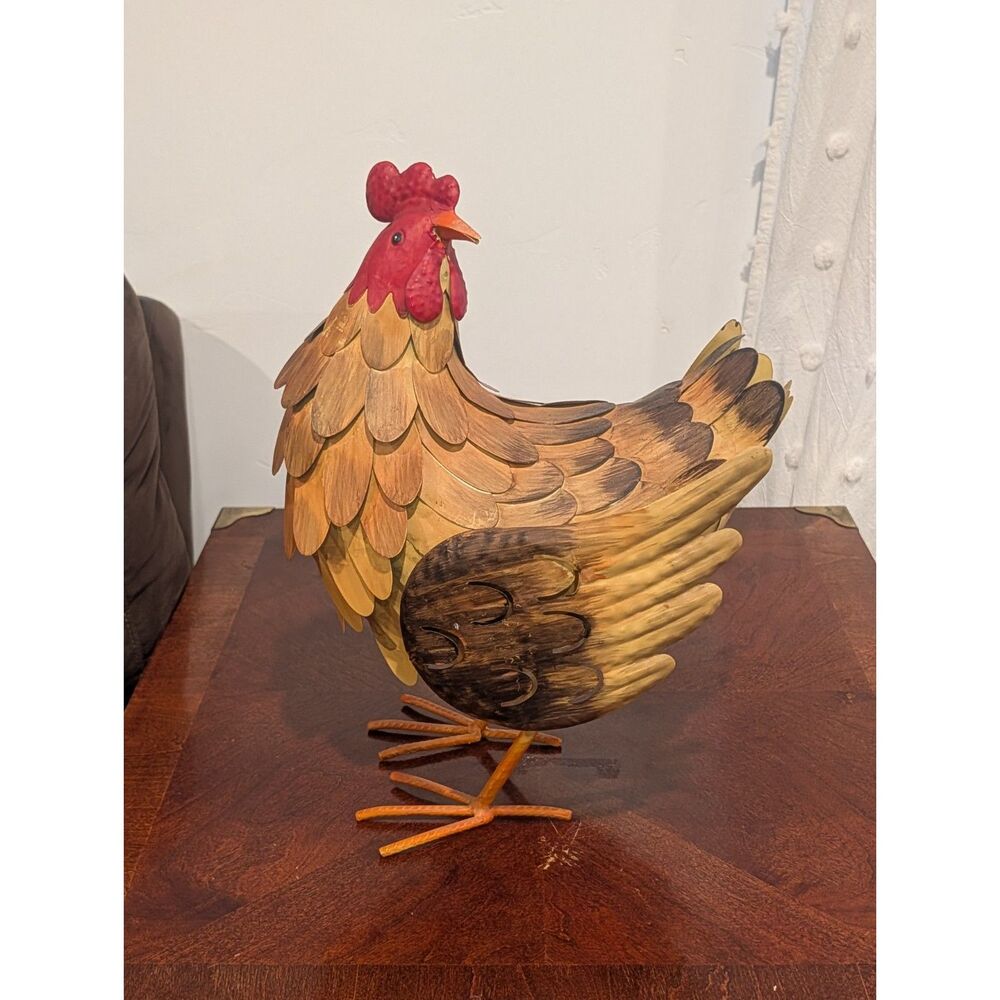 Vintage Hand-Painted Metal Hen Figurine — Layered Feather Design, 16" Tall